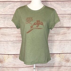 L.O.L Olive Green Asian Print Short Sleeve Shirt Size L